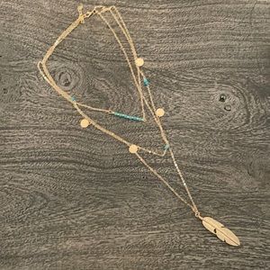 BoHo gold tone necklace with feather,  turquoise